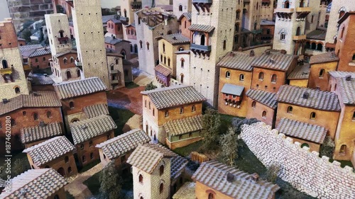 Detailed miniature recreates the historic stone towers and buildings of the iconic medieval town of San Gimignano, Tuscany