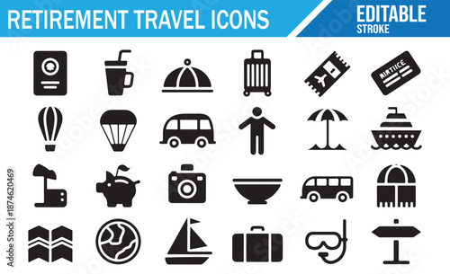 Vector Icons for Senior Citizens Travel - Editable Set with Transport and Food.