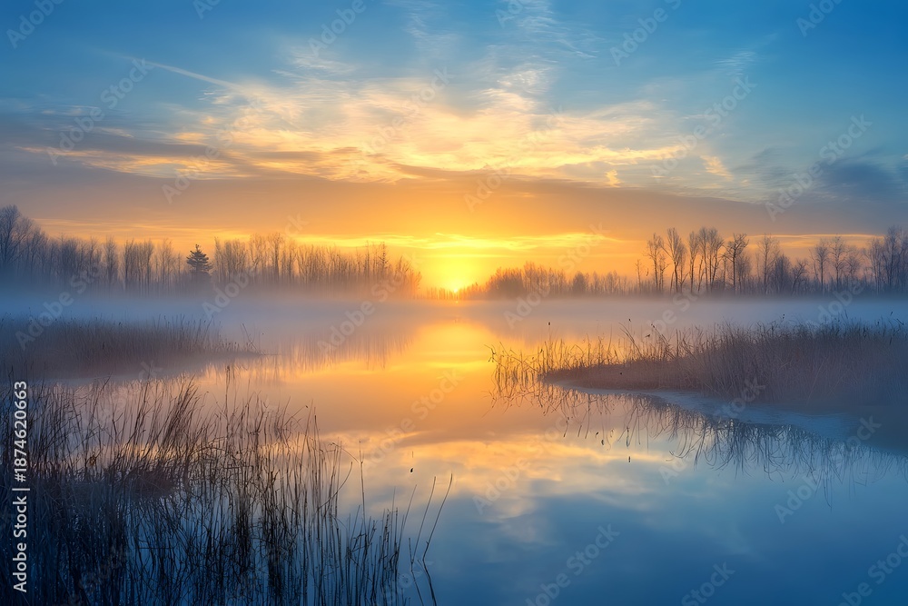 Fototapeta premium Calm morning lake sunrise view high resolution picture
