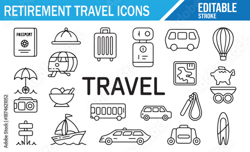 Retirement Journey Icons - Black Silhouette Symbols for Tourism and Trip.