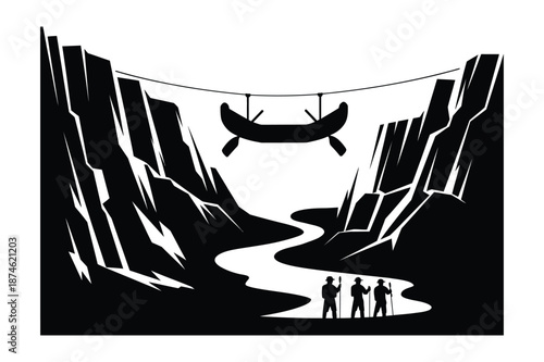 Outdoor Adventure Scene with Hikers and Canoe Crossing a Canyon
