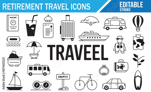 Senior Leisure Travel Vector Set - Flat Icons for Vacation and Relaxation.