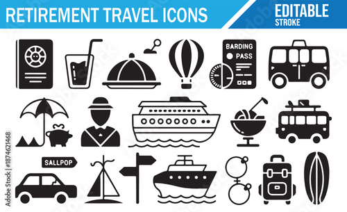 Editable Stroke Retirement Travel Signs - Vector Collection of Holiday Symbols.