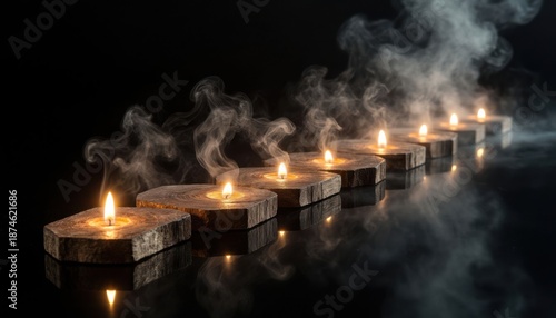 Row of candles with smoke
