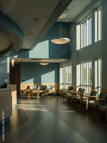 Calm Reception Area, Healthcare Facility, Modern Architecture, Interior Design, Bright Environment, Daylight View, Tranquil Atmosphere