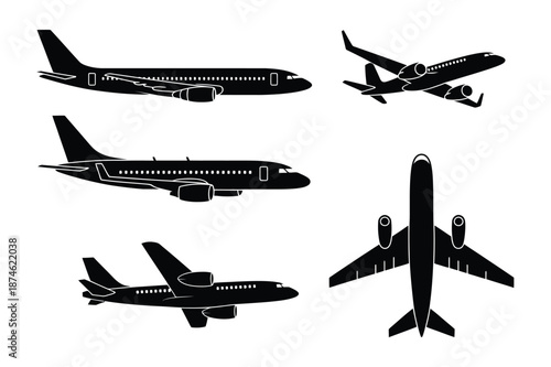 Commercial Airplane and Jet Aircraft Silhouette Set for Aviation