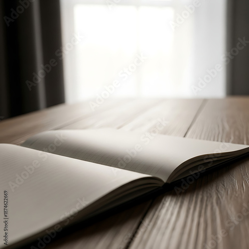Open Notebook on Wooden Table by the Window