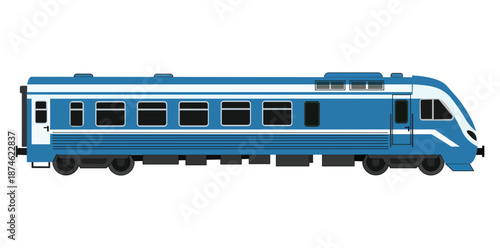 Modern Blue Passenger Train Vector Illustration; High-Speed Electric Locomotive for Commuter Rail, Subway Transit, and Urban Transport Services; Isolated Railway Carriage Icon for Logistics Design