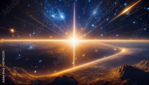 a mesmerizing cosmic view a radiant central star radiating light amidst countless particles in a captivating display of celestial grandeur