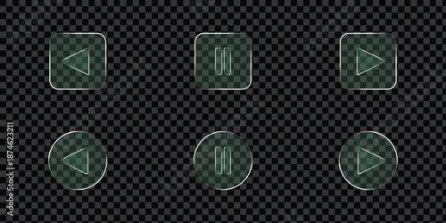 Sleek glass media player buttons with play, pause, and stop icons. Ideal for modern user interface design. Glassmorphism media player controls icon set with music, rewind, and fast forward buttons.
