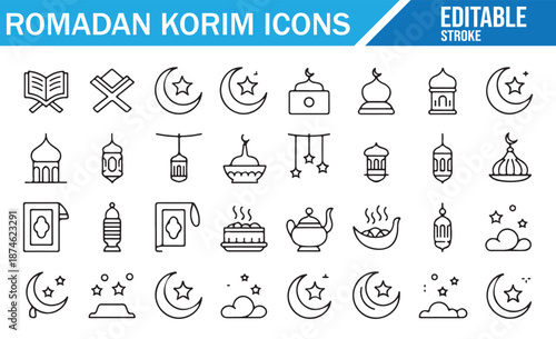 Muslim Holiday Icons: Mosque, Lantern, and Quran Line Art