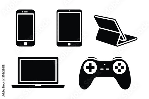 Modern Digital Electronic Devices and Gaming Icons Silhouettes