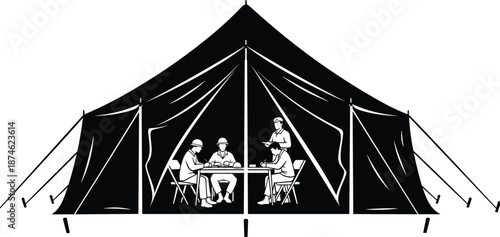 Black white expedition tent illustration, research team meeting inside field camp, surveyors working, teamwork concept, outdoor exploration, vintage style