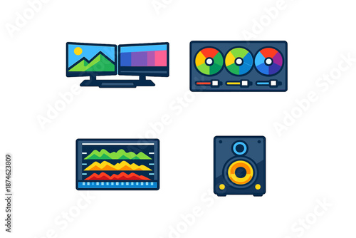 Video editing and audio production icons on a dark background