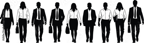 Business people walking silhouettes, corporate team commuting together, professional office workers lifestyle, urban career success concept illustration set