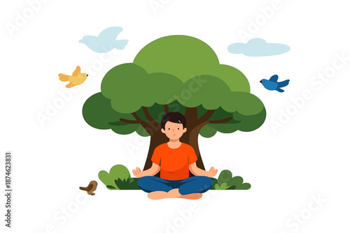 Boy meditating under a tree with birds flying around