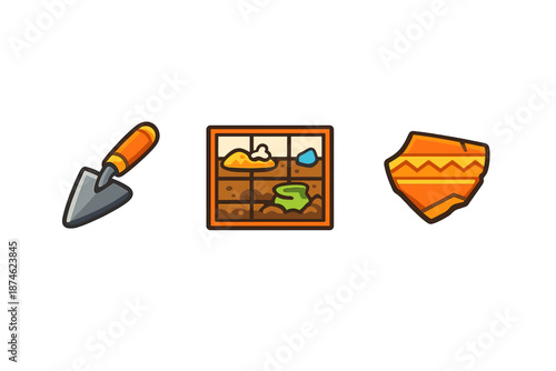 Archaeology icons: trowel, excavation site, pottery shard