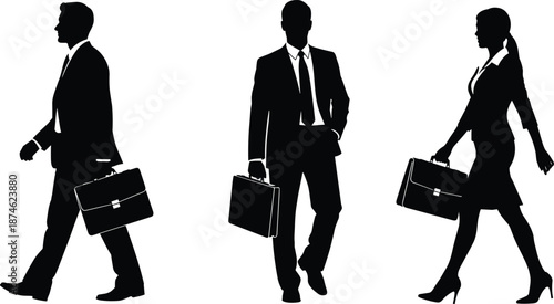 Business professionals walking silhouettes, men and woman carrying briefcases, corporate career lifestyle concept isolated on white background vector illustration