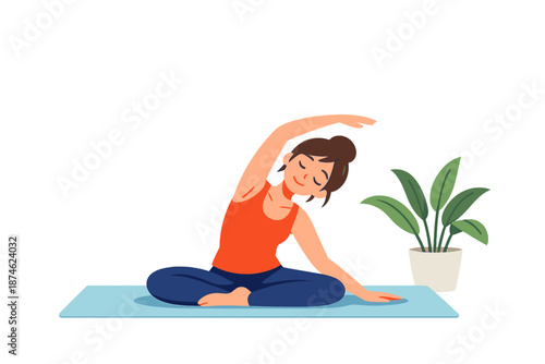 Woman doing yoga side bend in a serene setting