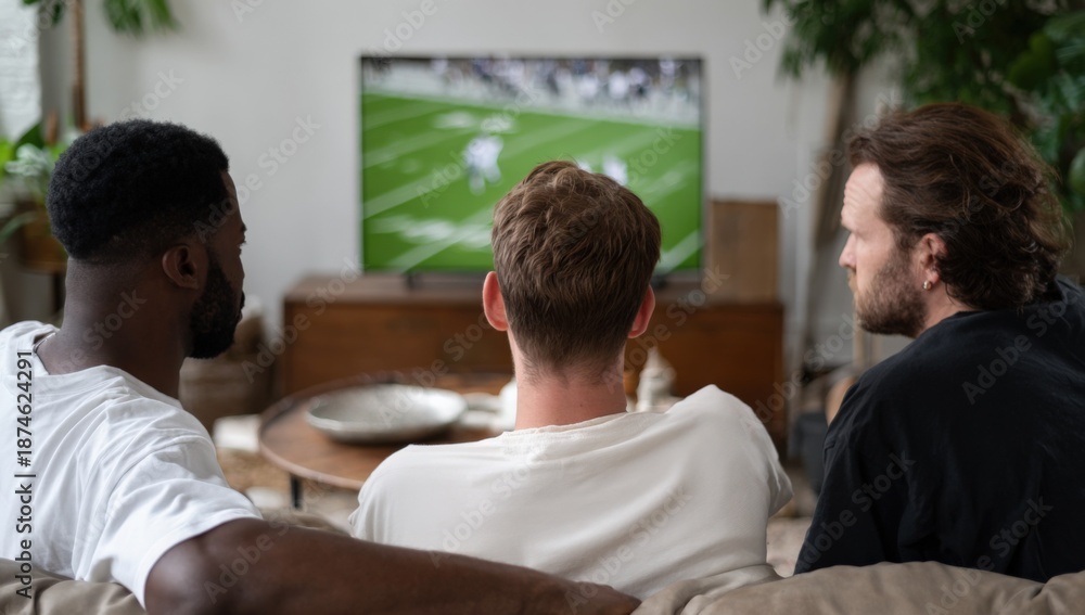 Obraz premium Three young adult males watching football game on tv in cozy living room