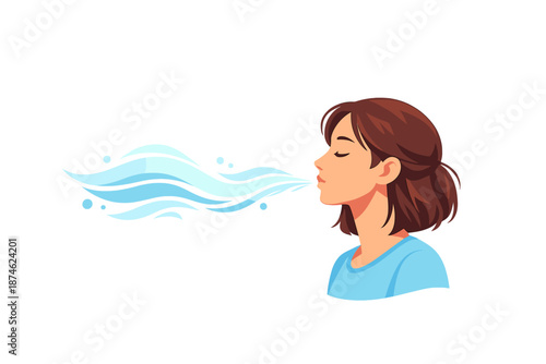 Woman exhaling glowing blue waves