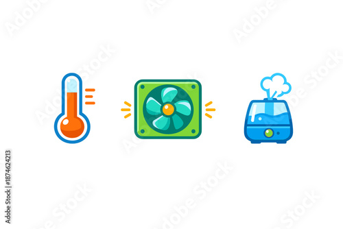 Thermometer, Fan, and Humidifier icons with glowing effects