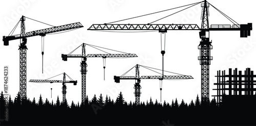 construction, crane, silhouette, tower, forest, building, industrial, development, black, white, icon, illustration, vector, design, symbol, machinery, structure, urban, beam, environment