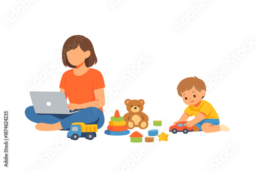 Parent working from home while child plays with toys