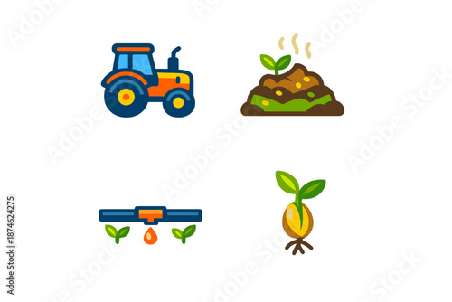 Agriculture icons: tractor, seedling, irrigation, and soil
