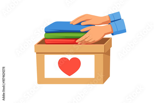 Hands placing folded clothes into a donation box with a glowing heart