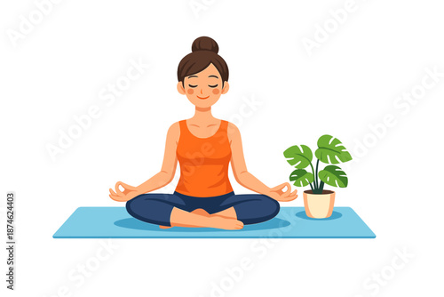 Woman meditating with glowing aura on yoga mat