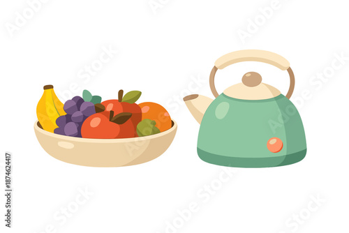Cartoon fruit bowl next to a glowing electric kettle