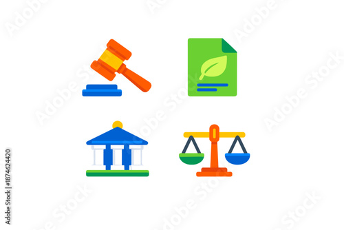 Four stylized icons representing law and justice.
