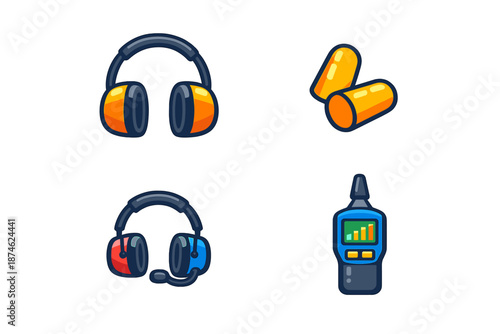 Set of four icons representing safety and communication equipment
