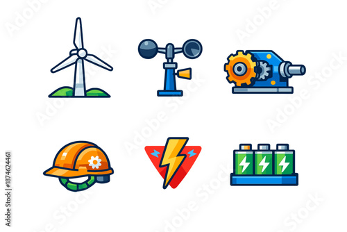 Set of six engineering and energy icons on dark background