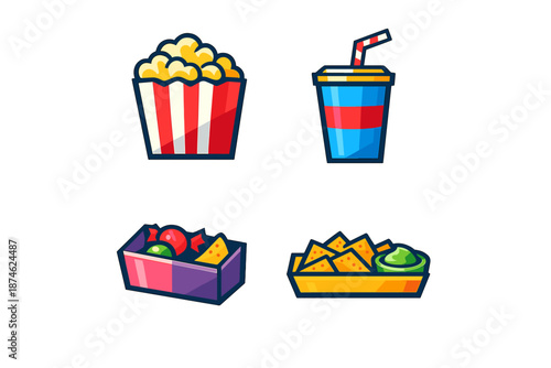 Movie snacks flat design icons