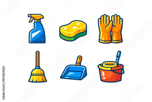Set of cartoon cleaning supplies on a black background