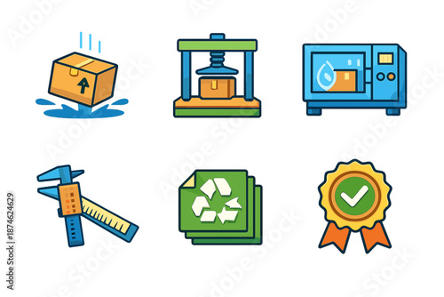 Set of Six Flat Icon Illustrations on a Dark Background