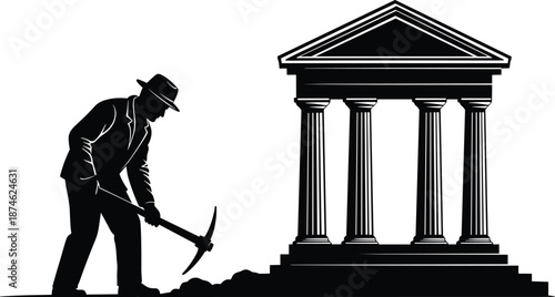 excavation, silhouette, pickaxe, building, classical, columns, temple, person, hat, suit, black, white, icon, illustration, vector, design, symbol, architecture, dig, institution