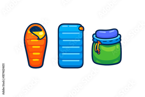 Camping Gear Icons: Sleeping Bag, Mat, and Jar