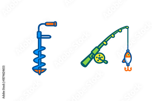 Ice Fishing Gear and Fishing Rod with Fish Icon