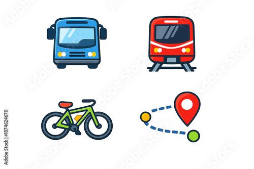 Set of icons representing different modes of transportation and navigation.