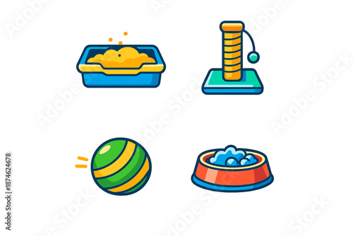 Set of cartoon cat accessories with glowing outlines