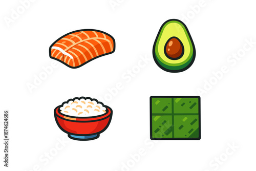 Sushi ingredients, salmon, avocado, rice, and nori icons