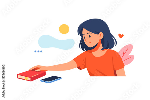 Young Woman Reaching for a Book Next to a Smartphone