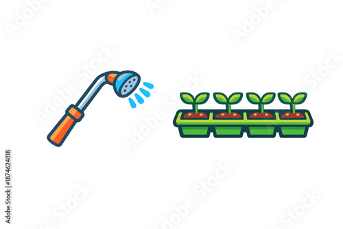 Watering can spraying water on seedlings in a tray