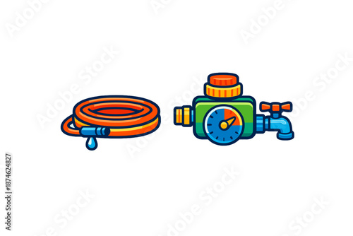 Gardening icons: watering hose and timer faucet