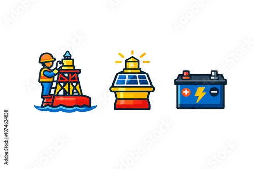 Nautical icons: buoy, lighthouse, and battery