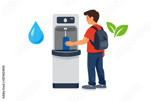 Student fills water bottle at water cooler with environmental symbols