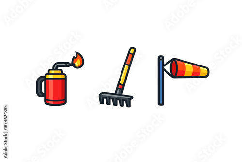 Collection of illustrated tools: blowtorch, rake, and windsock